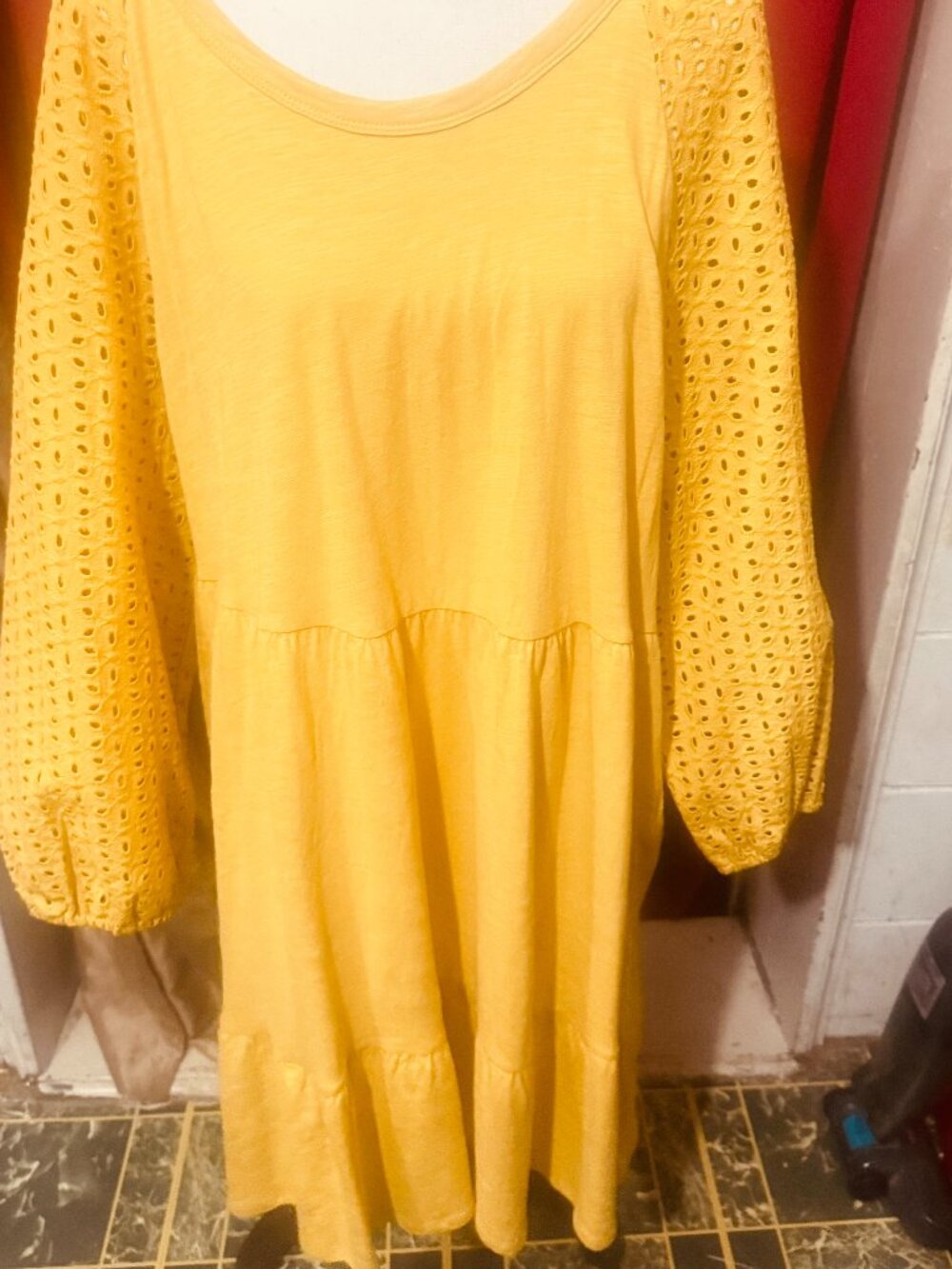 Mustard Yellow Time and Tru tiered knit dress with eyelet sleeves